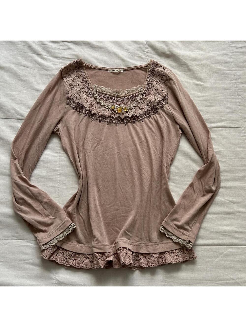 Axes Femme Baby Pink Lace Yoke Pearl Jewel Long Sleeve Top M Japan